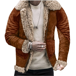 Men's brown faux suede jacket with warm white shearling collar and zipper closure