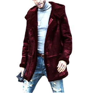 Mens thick burgundy hooded faux suede coat with warm plush lining for winter fashion