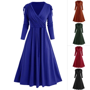 Women long sleeve wrap V-neck high waist pleated maxi dress in five colors