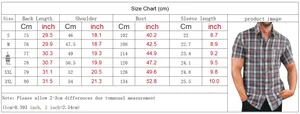 Size chart for men's short sleeve plaid shirt showing measurements for S to 3XL sizes