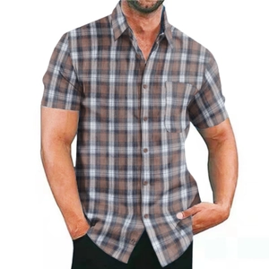 Detailed view of men's short sleeve plaid shirt with front pocket and classic brown collar