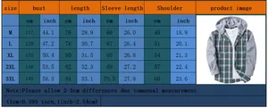 Size chart for plaid hooded shirt showing bust, length, and sleeve specs in cm and inches