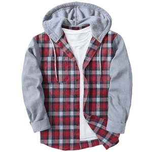 Detail of red and black flannel plaid shirt with grey hood and drawstring