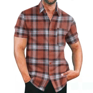 Short sleeve plaid shirt for men in red and brown check pattern with front chest pocket