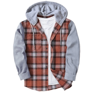 Men's hooded plaid shirt in red and black with grey sleeves and drawstring hood