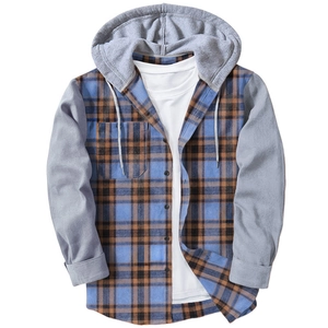 Men's hooded flannel plaid shirt with grey sleeves in a professional flat lay style