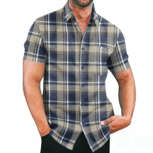 Men's casual short sleeve shirt featuring blue and khaki plaid pattern with chest pocket