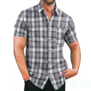 Classic grey and white plaid men's short sleeve shirt with button-down collar and chest pocket