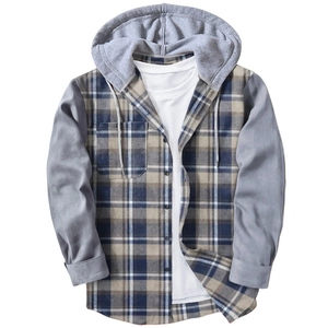 Men's hooded plaid shirt with gray patchwork sleeves and classic button-down design