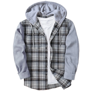Men's hooded plaid shirt featuring grey long sleeves and a classic button-up front design