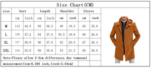 Detailed size chart for men's wool coat with measurements from M to 2XL in CM and inches