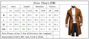 Detailed size chart for men's double-breasted wool long coat with measurements in CM and Inch