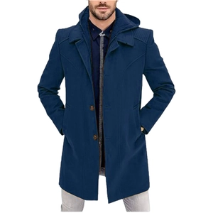 Men's navy blue wool blend hooded coat with single-breasted buttons and modern slim fit