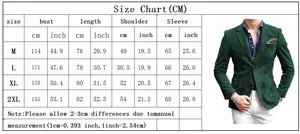 Size chart for men's casual blazer showing bust, length, shoulder and sleeve in CM/Inch