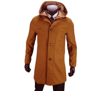 Close-up of men's hooded wool coat featuring a single-breasted design and side pockets