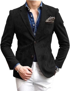 Detail of black single-breasted blazer with textured finish and blue denim shirt pocket
