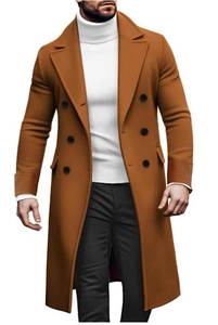 Detail of classic double-breasted camel wool coat featuring broad lapels and side pockets