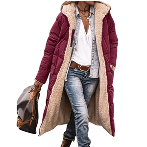 Women's long wine red quilted puffer coat with warm beige fleece lining and hood