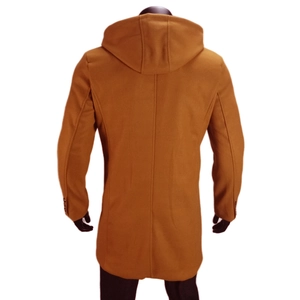 Back view of camel wool blend hooded coat featuring structured cut and sleeve strap detail