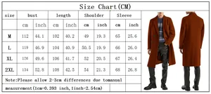 Detailed size chart for men's double breasted wool overcoat with precise measurements