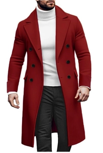 Close-up of a double-breasted wool blend long coat in deep red with black buttons