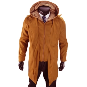 Detail view of the layered collar and zipper closure on the caramel wool-blend men coat