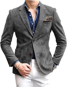 Detail of grey suede blazer with notch lapel, single-breasted buttons and pocket square
