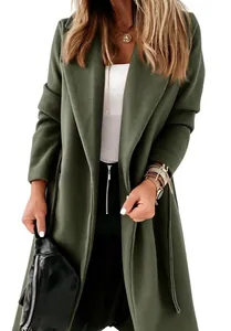 Detailed view of women's long army green wool coat with notched lapel and waist belt