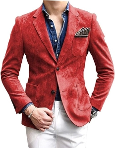 Detail of red suede casual blazer featuring notch lapels and geometric pocket square