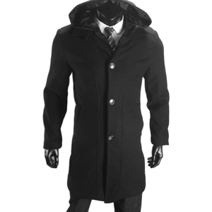 Detail of men's black hooded wool coat with three-button closure and layered shirt style