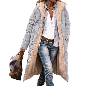 Women's light grey hooded long parka with warm sherpa lining and large pockets