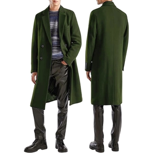 Men's dark green double-breasted wool overcoat in a mid-length slim fit style