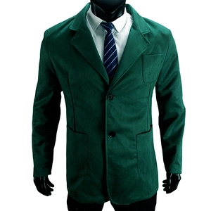 Detailed view of dark green blazer notch lapels with a striped tie and white shirt