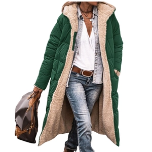 Women's long reversible dark green hooded parka with warm white fleece lining