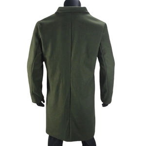 Rear view of long olive green wool blend overcoat with back vent slit for men