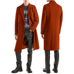 Classic double-breasted men's long wool blend coat in caramel orange with a regular fit
