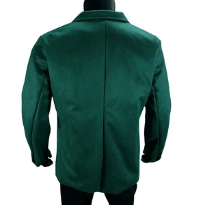 Rear view of dark green men's casual blazer featuring a single back vent design