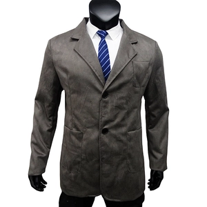 Detail view of brown suede suit jacket with notch lapel, double buttons and patch pockets
