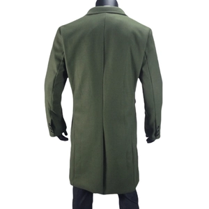 Back view of men's olive wool coat with double-breasted style and back vent detail