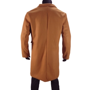 Rear view of camel wool blend coat featuring a back slit and premium tailored seams