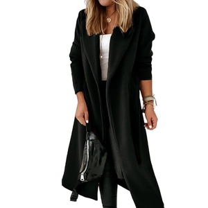 Close-up of women's long black wool coat featuring wide lapels and casual open front
