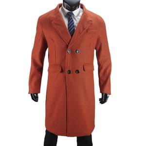 Detailed view of the double-breasted buttons and notched lapel on a wool blend coat