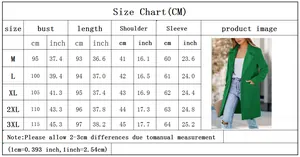 Detailed size chart for women's wool coat showing bust and length from M to 3XL