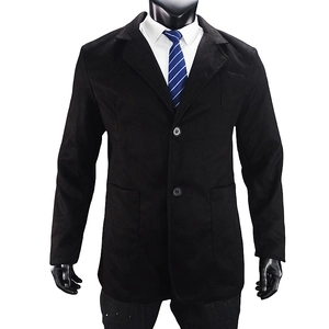 Detail of black casual blazer showing notch lapel, two-button closure, and patch pockets