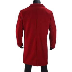 Back view of a red wool blend overcoat for men showing the central seam and bottom vent detail
