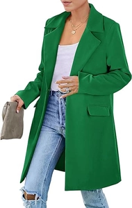 Detailed view of women's long green blazer lapel and high-quality synthetic wool fabric