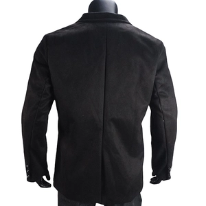 Rear view of black casual blazer showing central seam and back slit for modern fit
