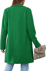 Rear view of long green wool coat featuring notched lapels and a straight cut silhouette