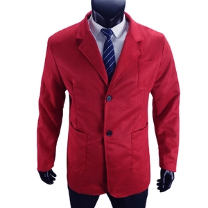 Detailed view of red casual blazer with two-button closure and classic patch pockets