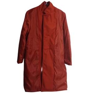 Flat lay of a long red wool-blend double-breasted coat with stand collar for men